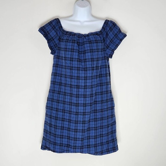 Madewell Dresses & Skirts - Madewell Plaid Ruffle Off Shoulder Mini Dress Linen Cotton Blend Size 8